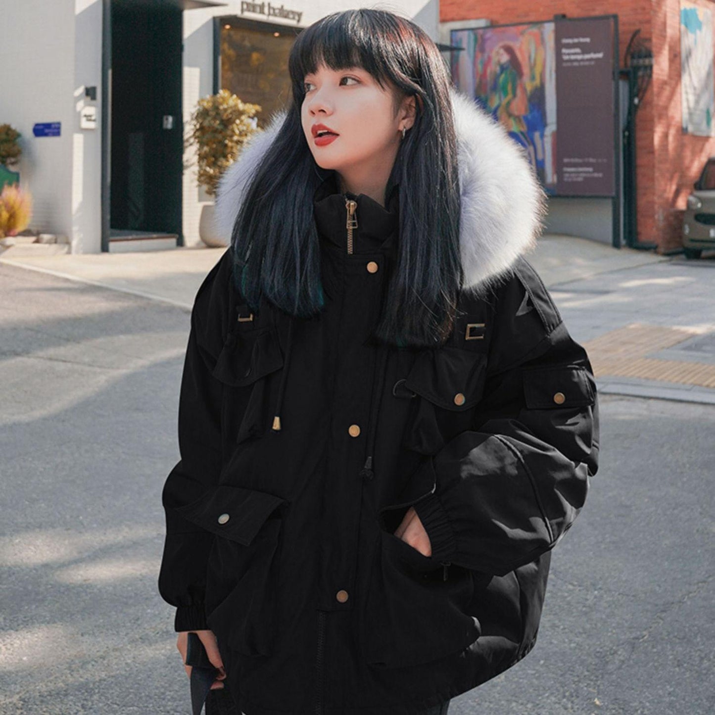 Korean Version of Loose Tooling Padded Jacket Women Short Hooded Parka Jacket Student Retro Hong Kong Style Winter Padded Jacket