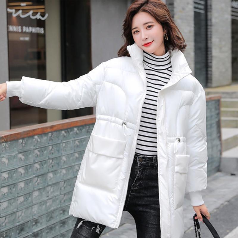 Women's Shiny Mid-length Down Jacket Winter Korean Style Loose Coat Warm Stand-collar Down Jacket