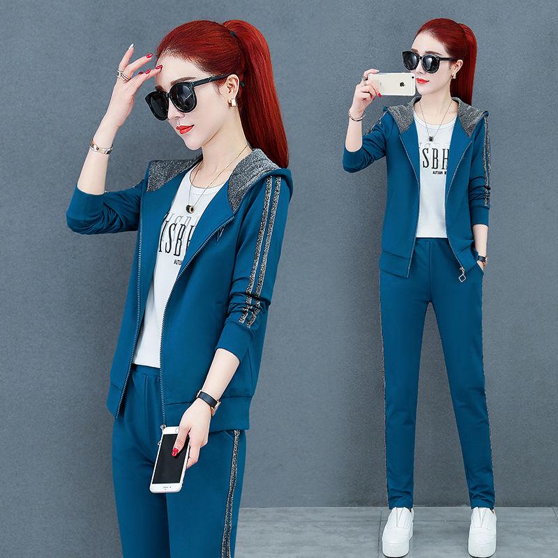 Sweatshirt set large size spring and autumn women's clothing 3pcs set wild long sleeve casual