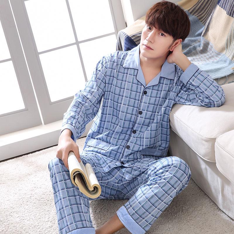 Autumn and Winter Thick Cotton Long-sleeved Pajamas Men's Three-layer Warm Sandwich Home Service Suit