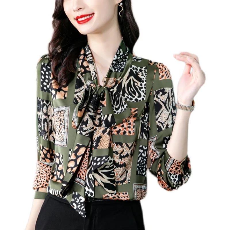 Chiffon Print Shirt Women's Light Ripe Bow Top All-match Commuter Long Sleeve