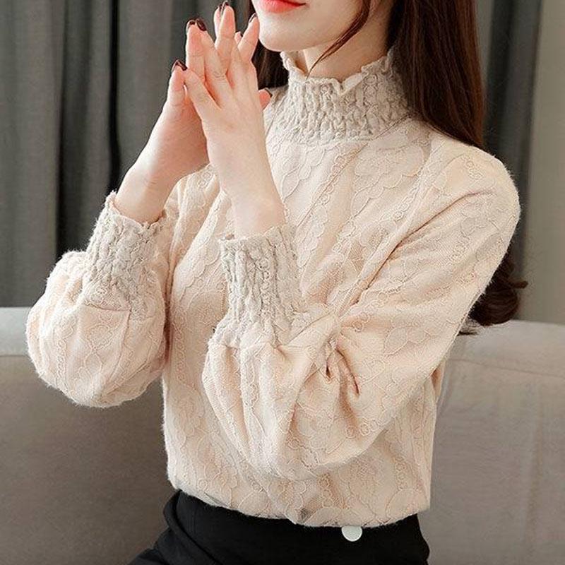 Pofulove women's Velvet turtleneck Pullover thick autumn winter warm Lace korean Style sweater