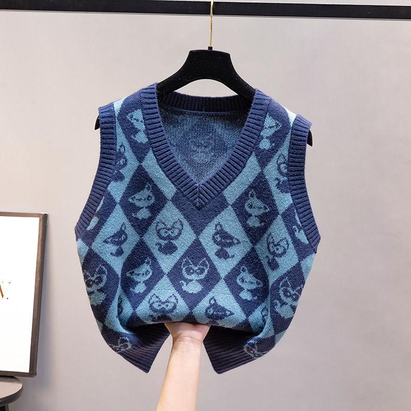 Autumn and Winter Diamond Plaid Retro Sweater Vest Sweater Women's Vest Cartoon Loose V-neck Waistcoat Waistcoat Ladies Sleeveless Thin Sweater