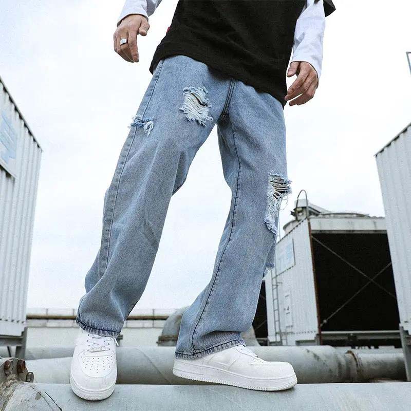 Jeans Men's Street Retro Daddy Pants Light-colored Holes Straight Loose Loose Wild Wide-leg Pants