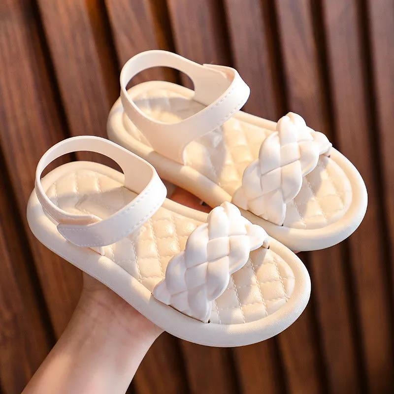 Girls Sandals Girls Summer Soft Sole Flat Beach Sandals Anti-slip Solid Color Casual Princess Sandals