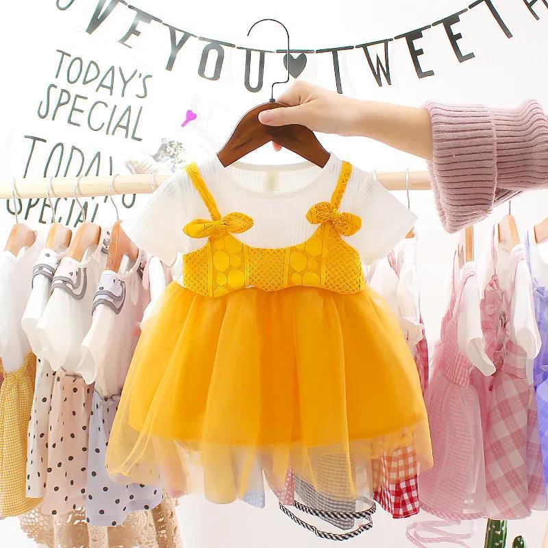 Children Dress Spring Summer O-neck Kids Clothing  Baby Girls Clothing Yarn Short Sleeve Dress Girl