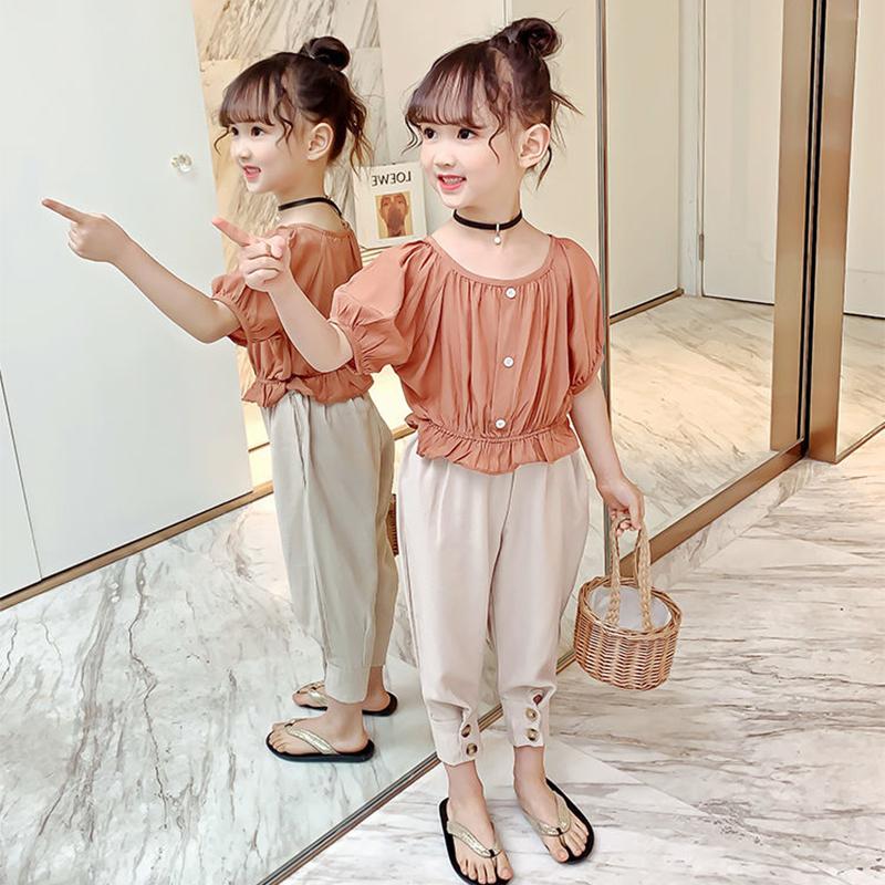 Girls' Suits Summer Children's Girls Korean Version of Thin Solid Color Fashionable Short Sleeve Two-piece Suit