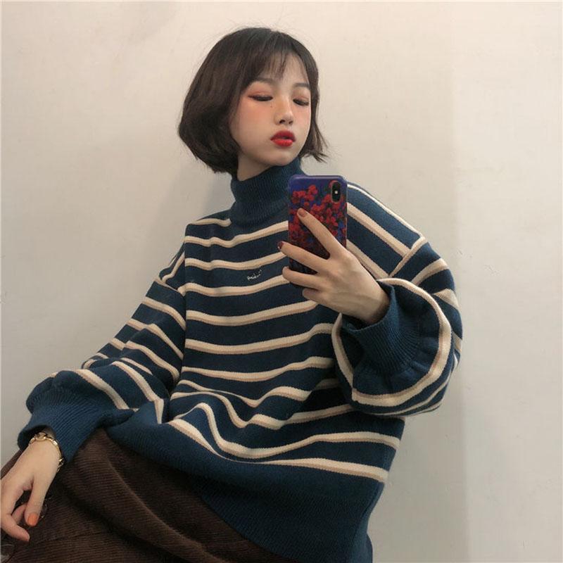 Korean Style Turtleneck Sweater Female Students Fall/winter Lazy Style Loose Pullover Striped Knitted Sweater