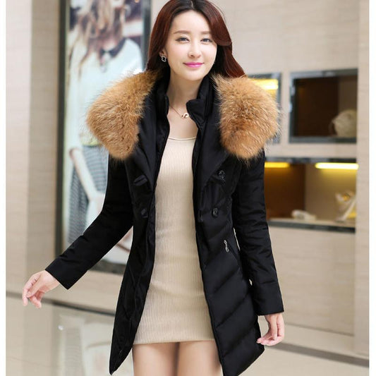 Women's Down Jacket Mid-length Korean Style Slim Fur Collar Thick Warm Coat Winter