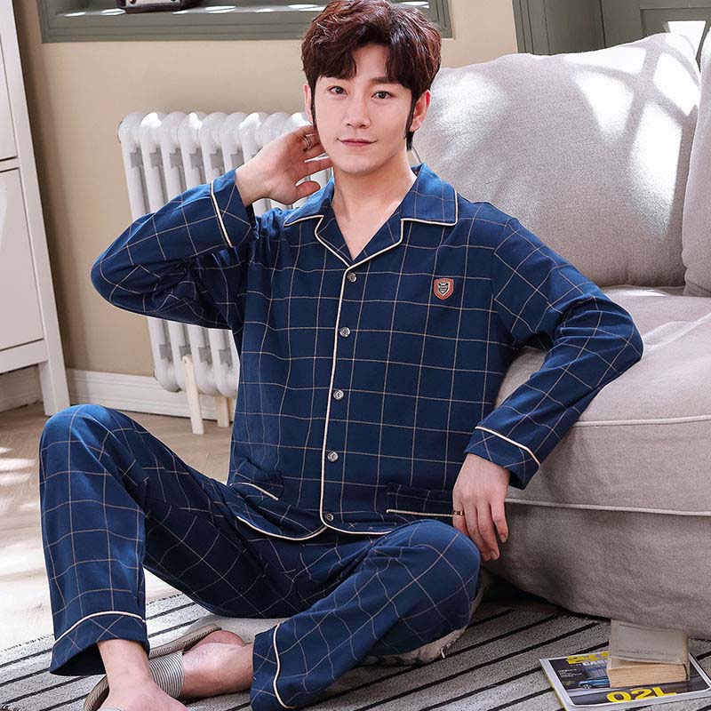 Men's Pajamas Regular Summer and Autumn Long-sleeved Cotton Winter Youth Home Service Suit