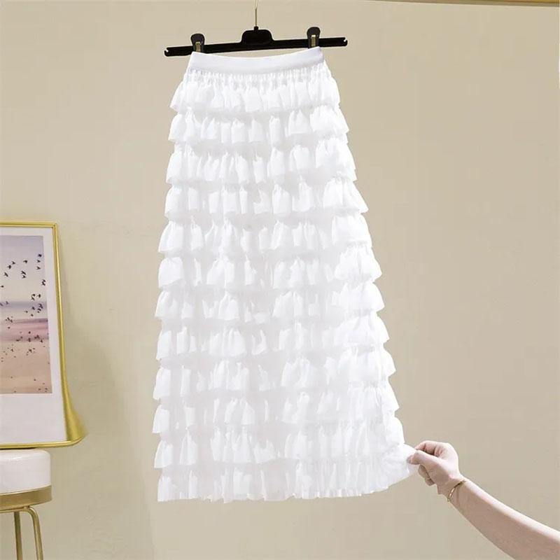 Women Tiered Skirts Summer Elegant Chiffon A-line Layered Skirt Female Elastic High Waist Preppy Style Dancing Long Skirts