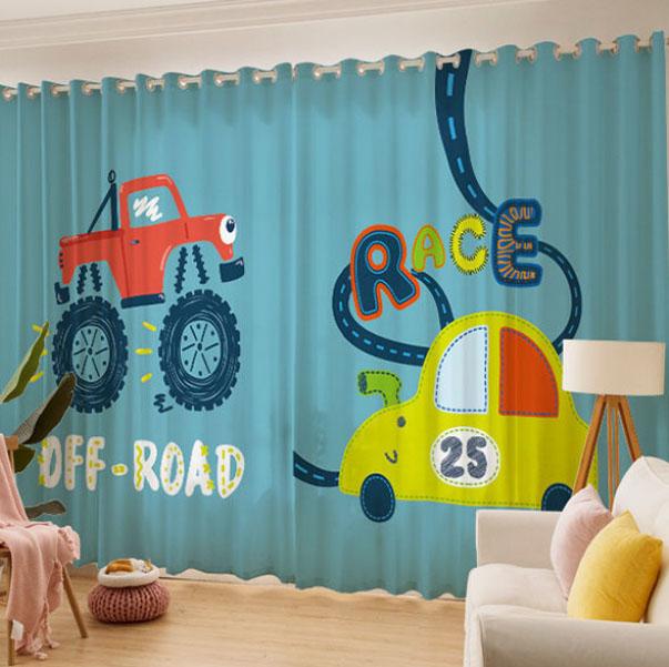 Curtain Gauze Cute Children's Room Bedroom Kindergarten Blackout Curtain Cartoon Car Creative Printing Curtain (150×270cm)