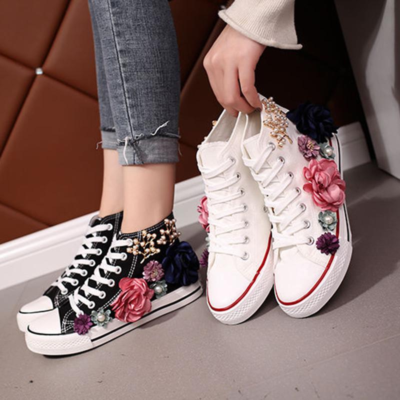 Popular Canvas Shoes Small White Shoes Women's High-top Handmade Custom Three-dimensional Flower Pearl Flat Casual Student Shoes