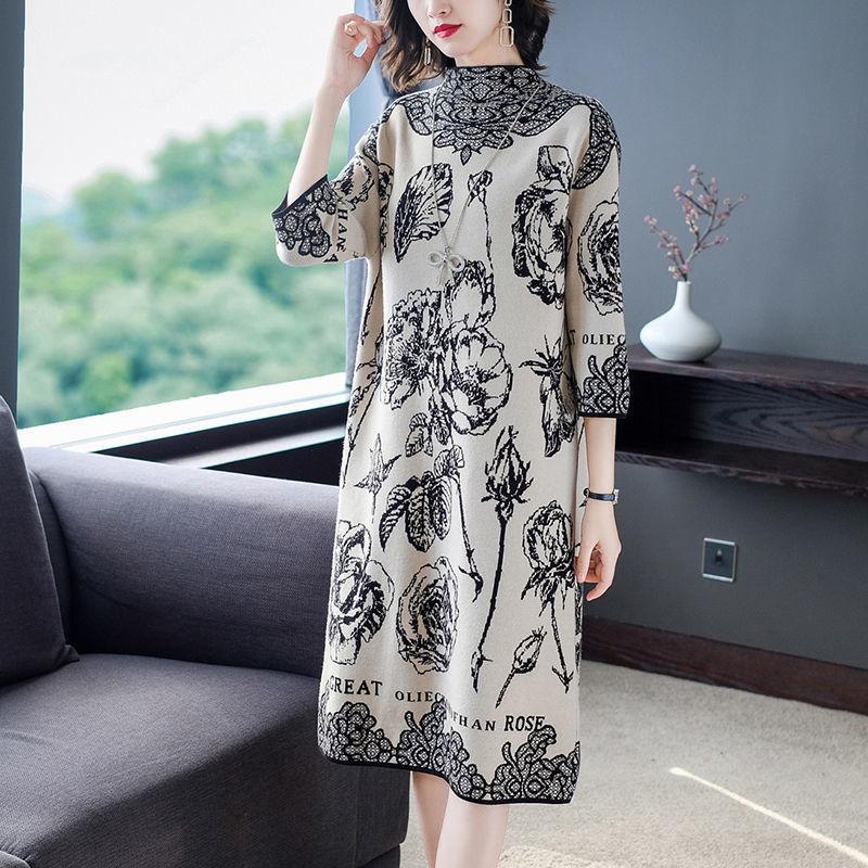 Autumn Loose Print Dress Women Mid-length Elegant Mother Wear Over The Knee Skirt Trend