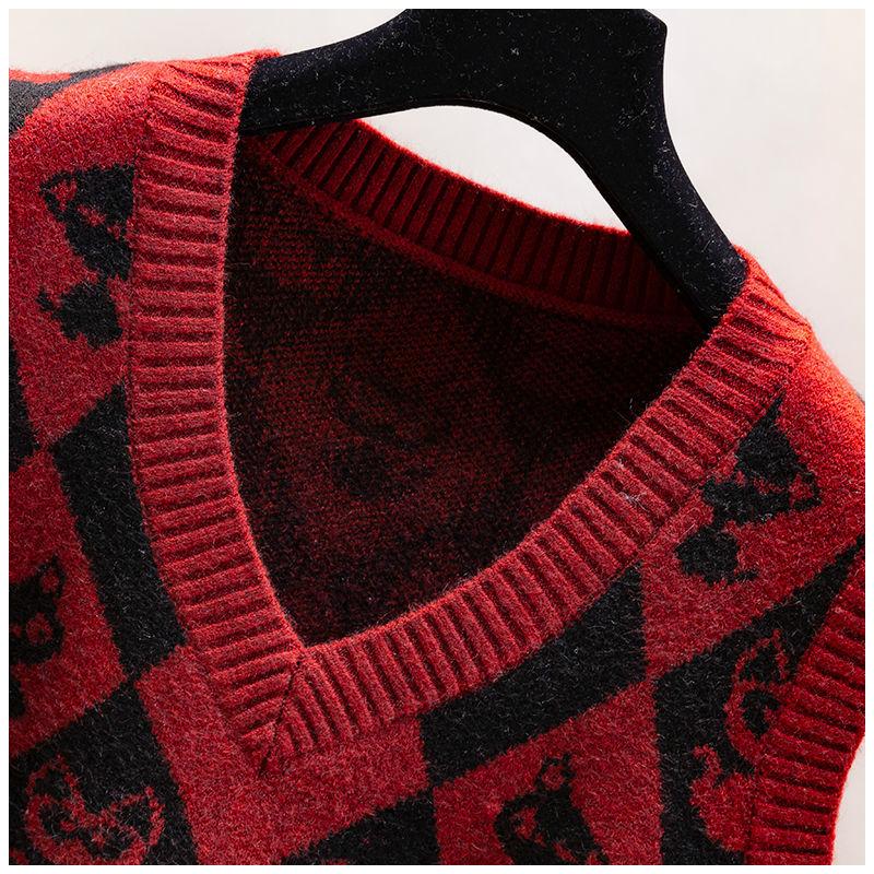 Autumn and Winter Diamond Plaid Retro Sweater Vest Knit Sweater Women's Vest Cartoon Loose V-neck Waistcoat Vest