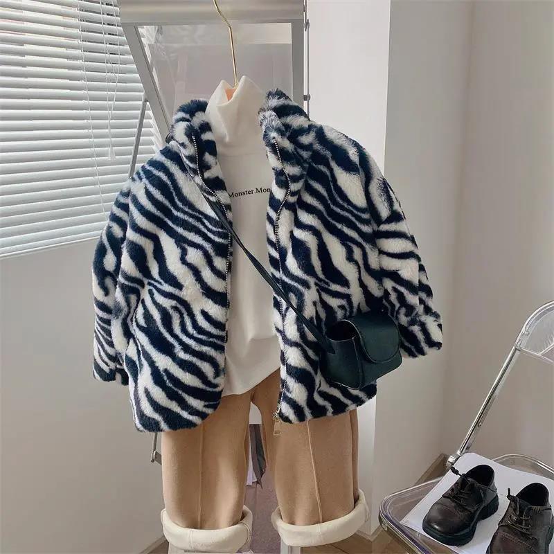 Girls' Zebra Print Jacket Thickened and Velvet Autumn and Winter Warm and Windproof Top