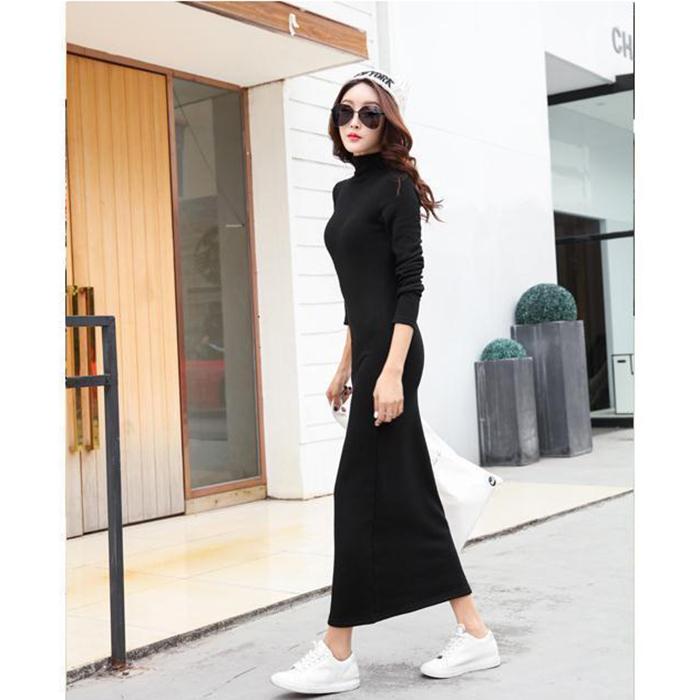 Plus Velvet Thick Warm Dress Winter Long-sleeved Half-high Collar Ladies Long Skirt Slim Over-the-knee Bottoming Bag Hip Skirt