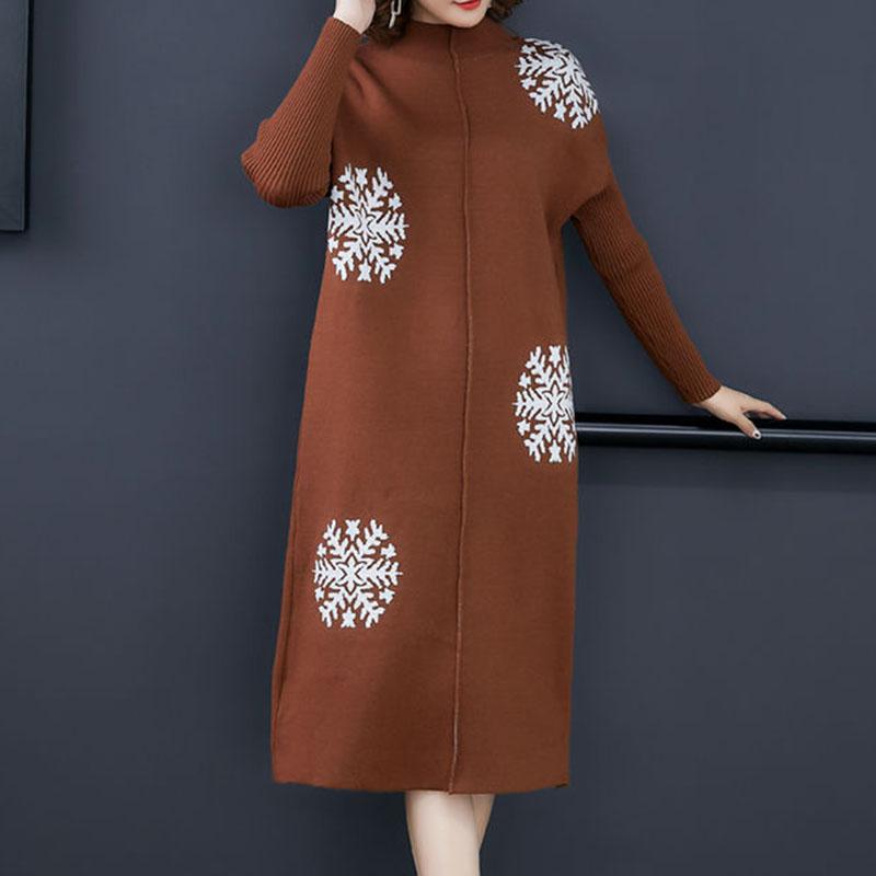 Autumn and Winter Plus Size Knitted Dress Loose Mid-length Skirt Long-sleeved Base Skirt Snowflake Pattern Middle-aged Women Sweater Dress