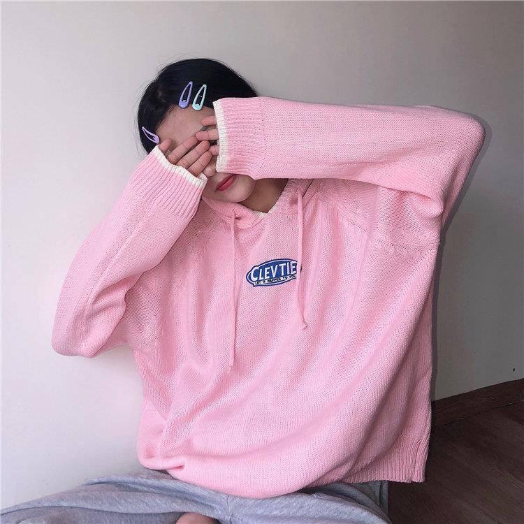 Pofulove Autumn Winter Loose Sweater Women Lazy BF Sweater Hooded Long Sleeved Pullover Sweater Coat