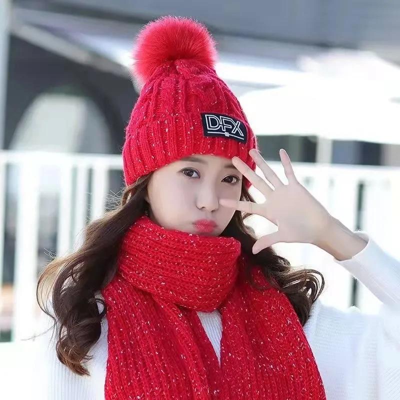 Women's Winter Hat Knitted Woolen Hat Scarf Two-piece Set Korean Version All-match Warm Velvet Fur Ball Cap Solid Soft Knitting Top Hat Scarf Warm Set