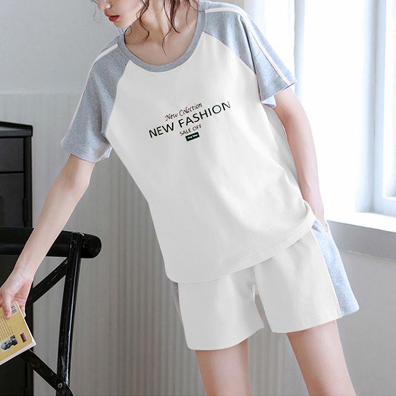 Sports Suit Home Service Pajamas Women's Summer Loose Short-sleeved Shorts Reduce Age and Slim Casual Two-piece Round Neck T-shirt + Shorts