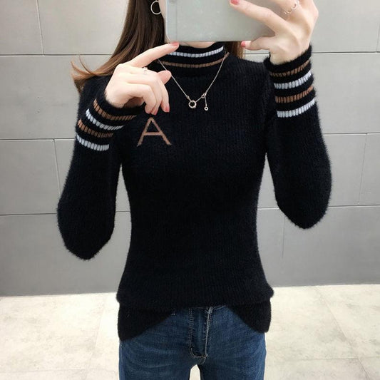 Autumn and Winter Imitation Mink Velvet Sweater Women Thick Slim Half High Neck Bottoming Shirt