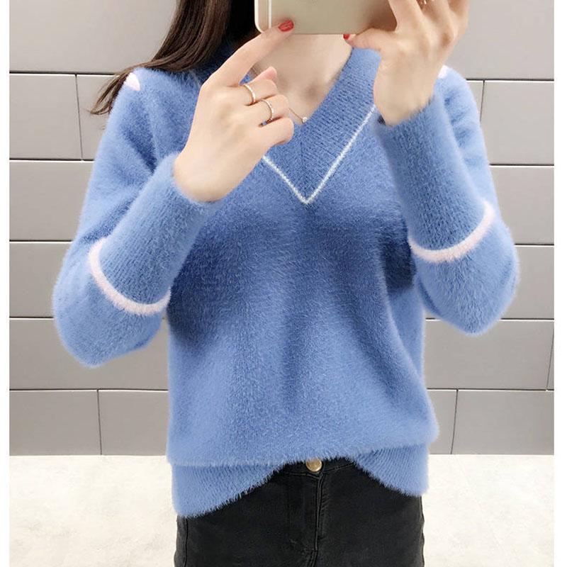 Autumn and Winter Mohair Sweater Loose Casual V-neck Tops Fashion Knitted Women's Bottoming Shirt