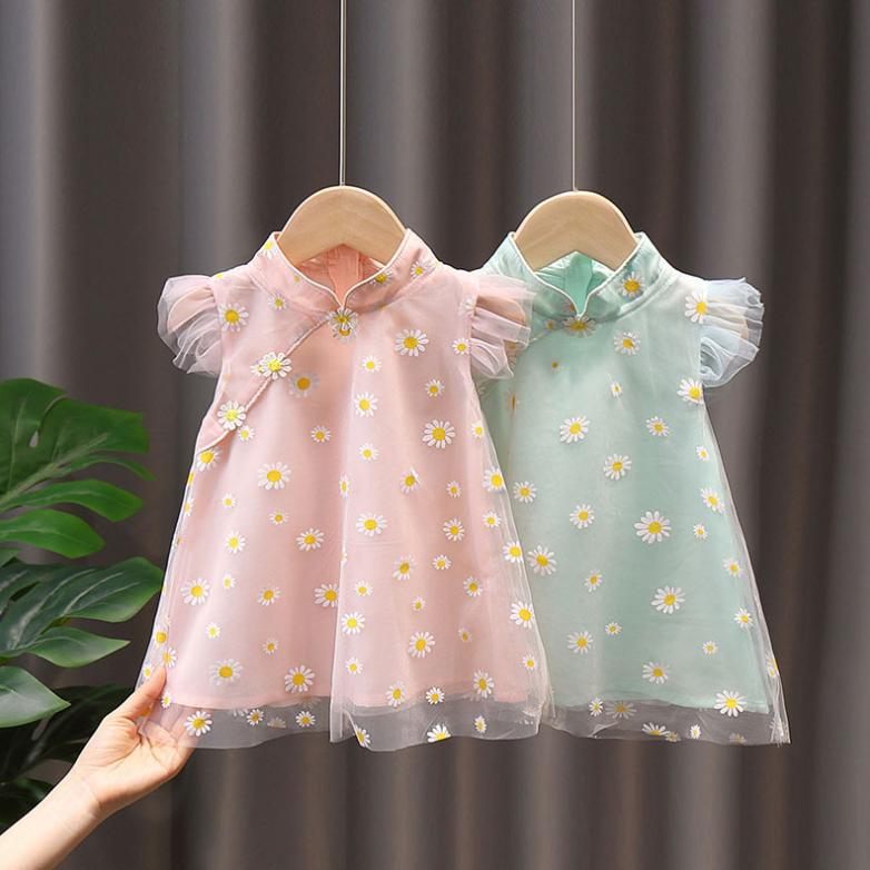 Girls' Skirt Summer Children's Princess Skirt Cheongsam Children's Mesh Ruffle Dress Ethnic Style Daisy Cheongsam Baby Girl Dress