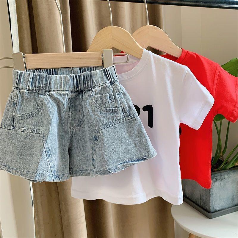 2PCS Children Clothing Set Spring Summer Girls Suits Printing Letter Cattle Short Sleeve Tops + Denim Pants Clothing Set