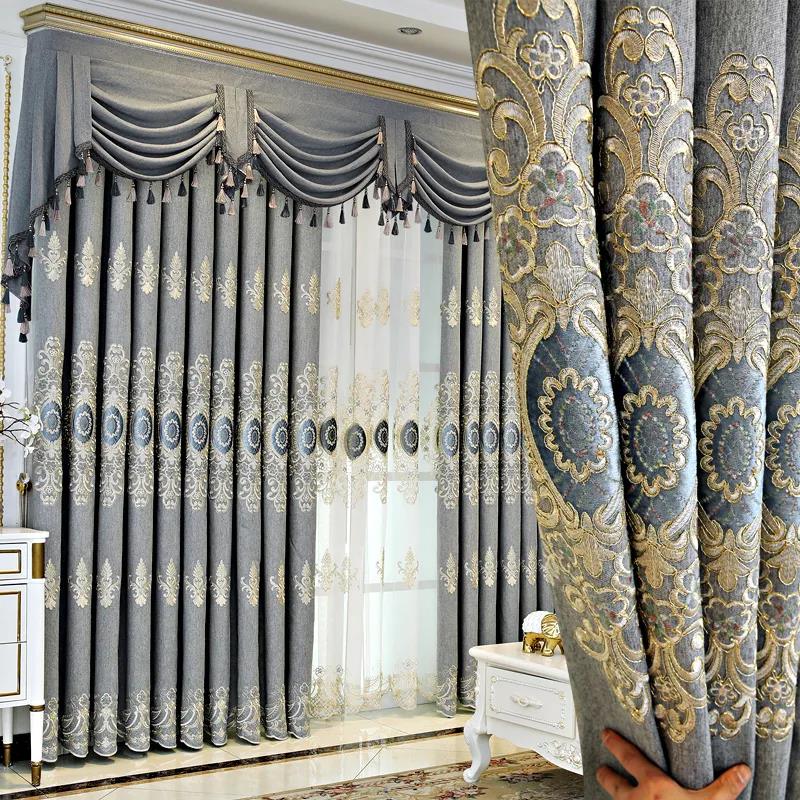 High-end European-style Embroidered Curtains Finished Living Room and Bedroom Shading, Windproof and Sunscreen Curtains (170×270cm)