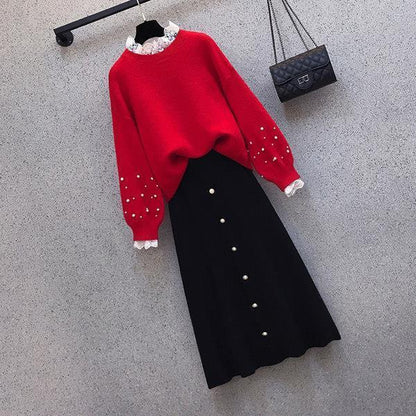 2pcs/set Plus Size Knitted Skirt Sets Women Fall/winter Beaded Lace Stitching Pullover Sweater and Knitted Skirt Two-piece Set Female Outfits