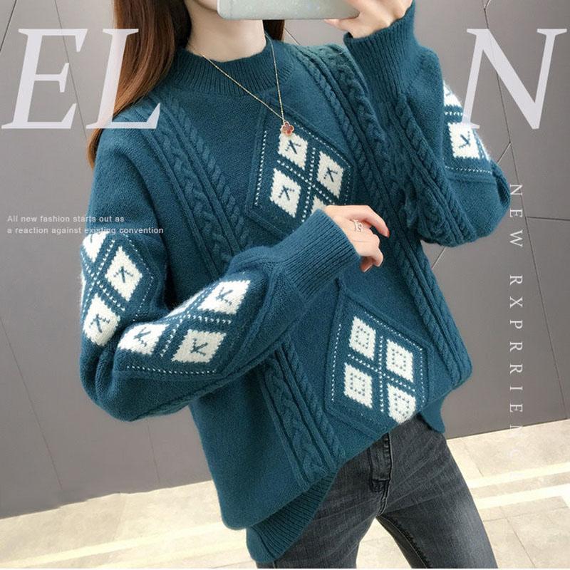 Thickened Twist Diamond Jacquard Pullover Sweater Women's New Fall/winter Round Neck Loose Lazy Sweater