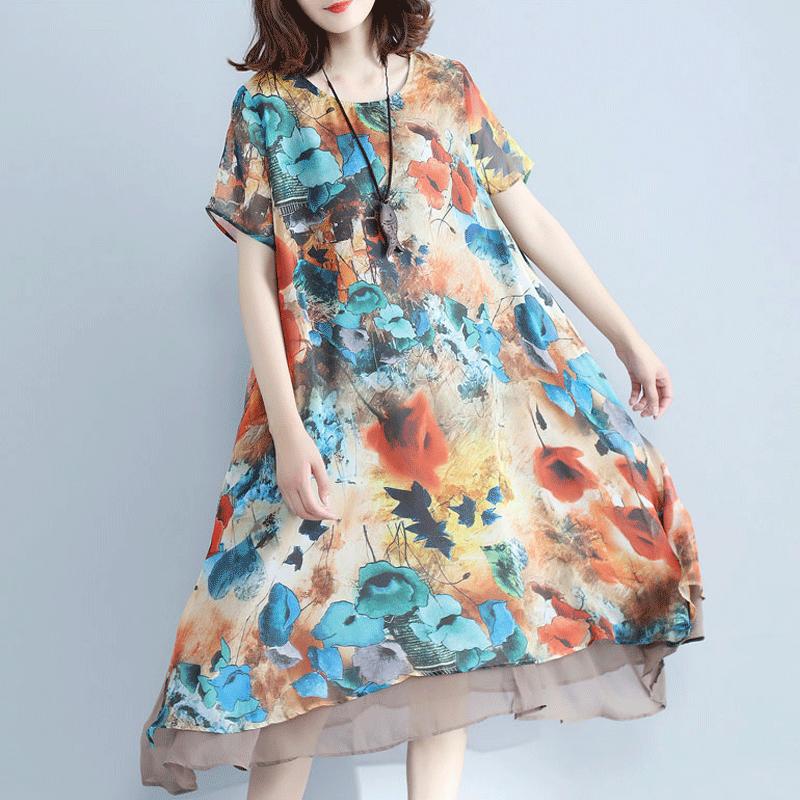 XL Women's Chiffon Round Neck Dress Fabric Lightweight Breathable Mid-length Loose Large Size Dress Women Retro Style