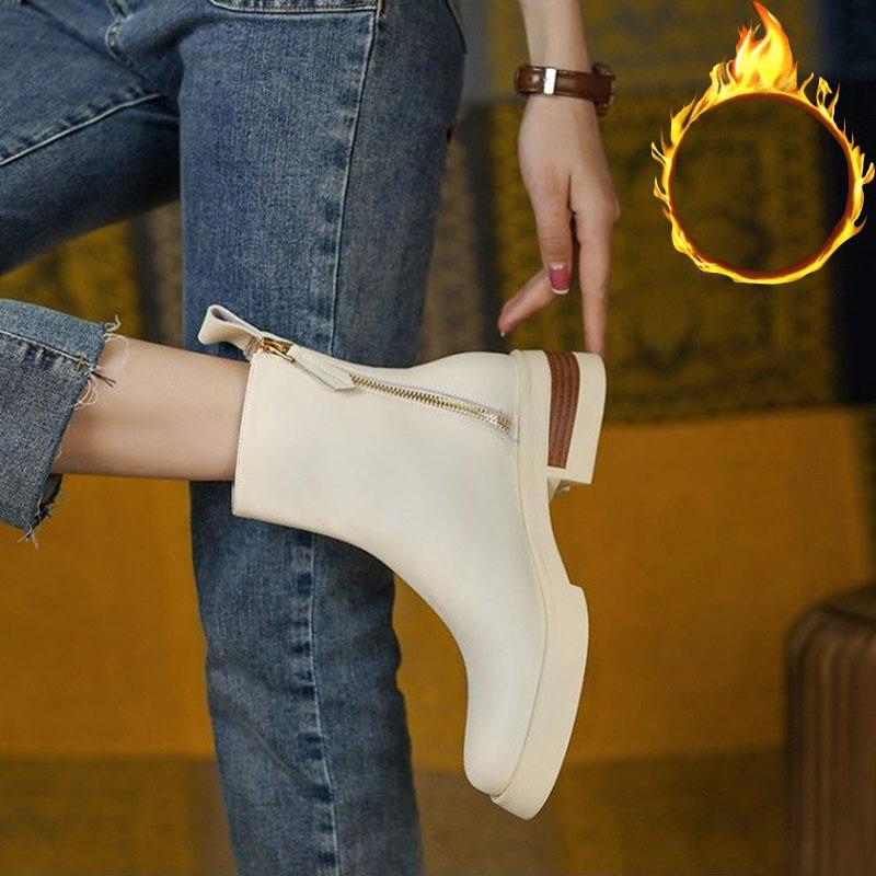 White Chelsea Short Boots Women's Autumn and Winter Martin Boots British Style Plus Velvet Warm Snow Boots Winter Boots