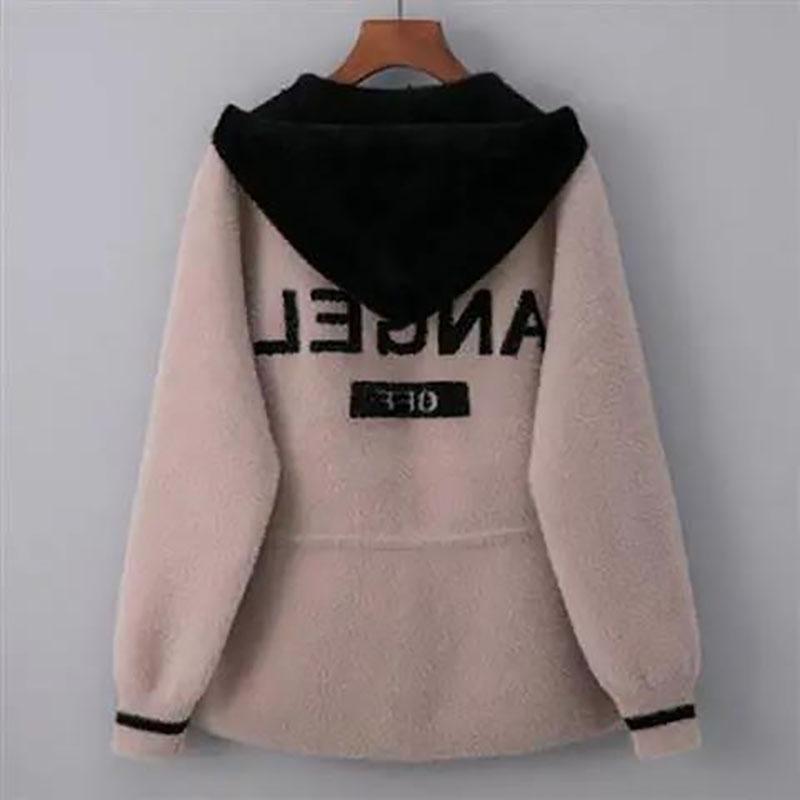 Autumn and Winter Stitching Color Letters Loose Button Short Jacket Thick Knitted Hooded Cardigan Sweater