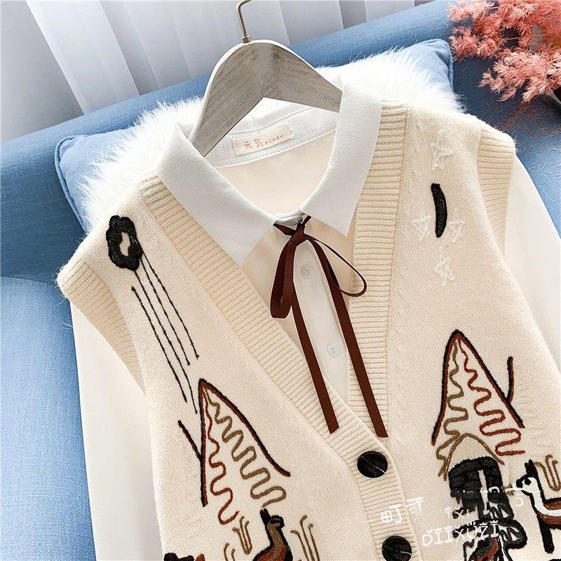 British Style Knitted Waistcoat Vest Women Loose Sleeveless Jacket Outer Sweater Vest Embroidery Waistcoat Women's Sleeveless Sweater Jacket