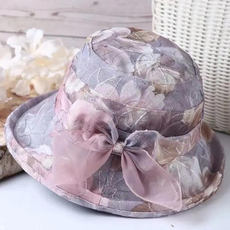 Women's Mesh Bow Flower Hat Spring Autumn Mother Sunscreen Pot Hat Thin Middle-aged Elderly Sun Hat Breathable Large Edge Shade Fisherman Hat