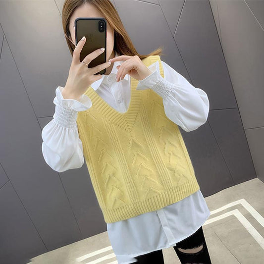 Sweater Women's Vest Vest V-neck Pullover Sweater Loose and Versatile Sleeveless Thin Solid Color Sweater Top Fabric Comfortable