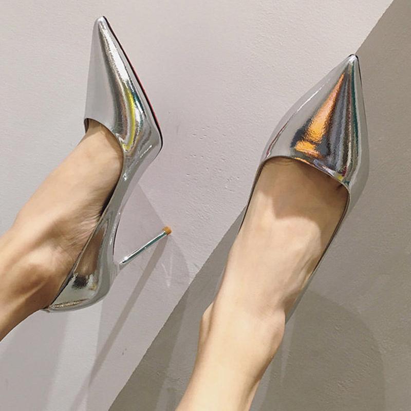 High Heels Feminine Patent Leather Stiletto Shoes All-match Silver Shallow Pointed Toe Shoes Women