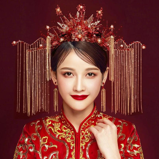 Bride Headdress Chinese Style Phoenix Coronet Costume Wedding Xiuhe Headdress Hair Accessories Red Wedding Hairpin Earrings