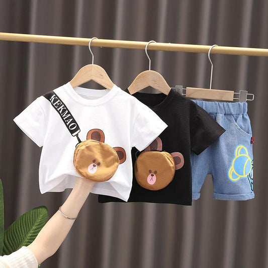 Children's Summer Boys Girls Short Sleeve Suit Casual Printed Bear Three-dimensional Pocket T-shirt Denim Shorts Two Piece Set