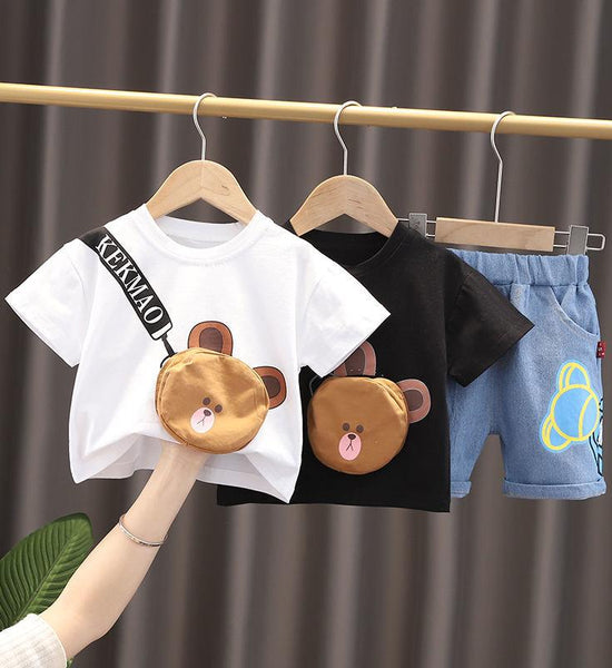 Children's Summer Boys Girls Short Sleeve Suit Casual Printed Bear Three-dimensional Pocket T-shirt Denim Shorts Two Piece Set