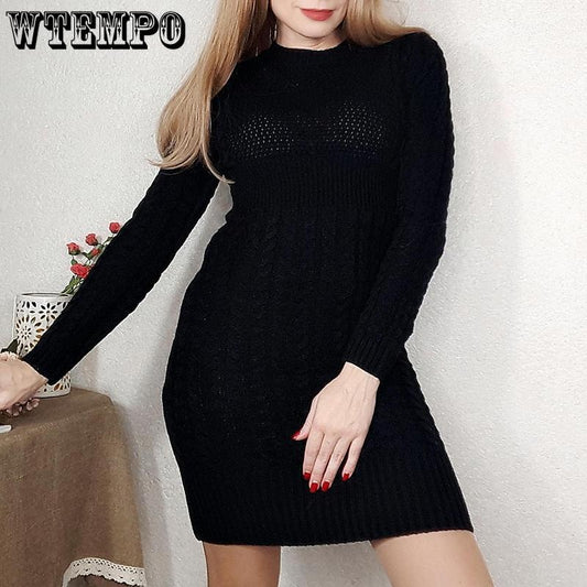 Women Solid Color Sweater Autumn Winter Sweater Dress Long Sleeve Knitted Dress