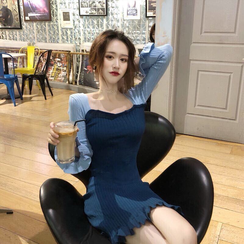 Female Vintage Long Sleeve Knitted Holiday Graceful Dress Slim Ruffle Elegant Short Party Dress