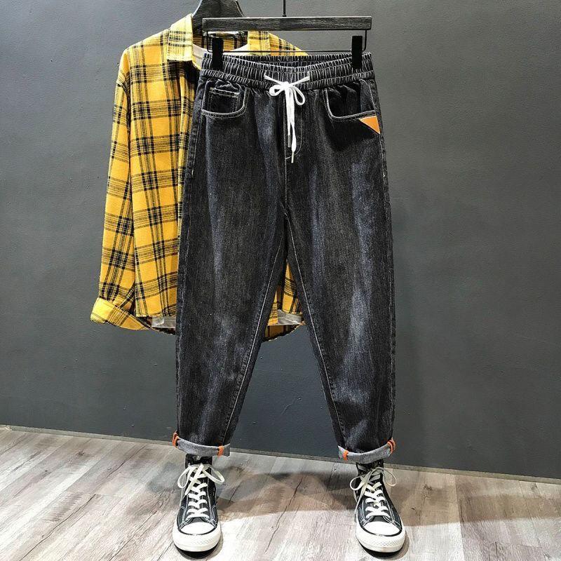 Elastic Waist Jeans Men's Summer Straight Loose Pants Trendy Belted Men's Cropped Trousers