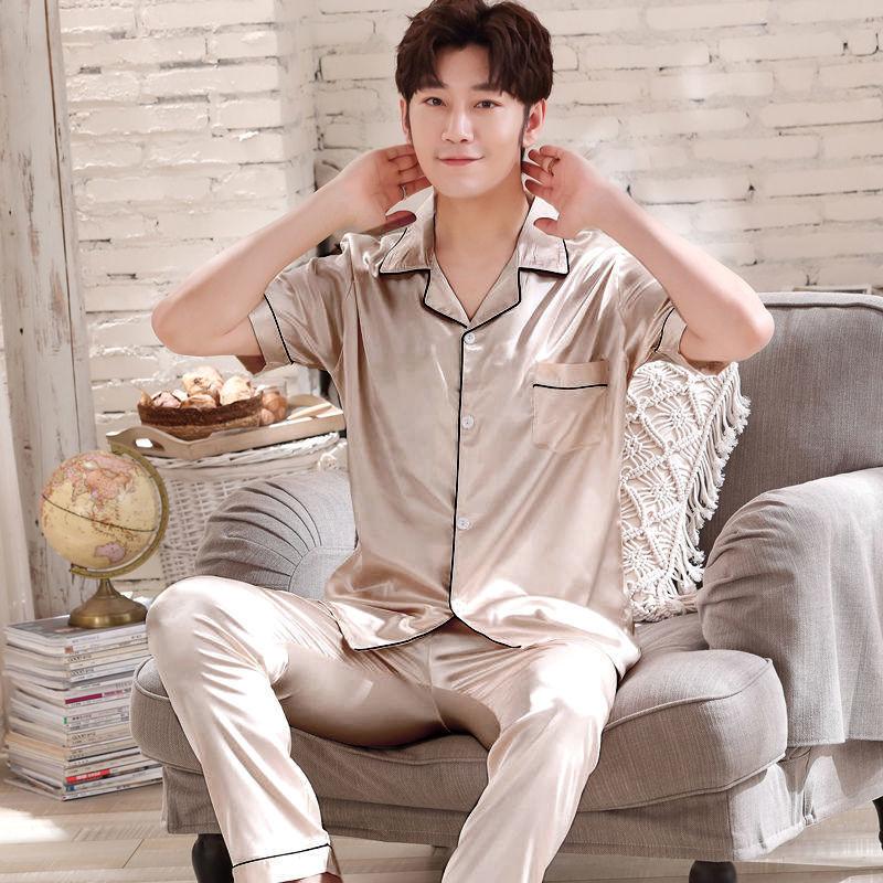 Men's Summer Short-sleeved Trousers Pajamas Spring and Summer Thin Couple Ice Silk Home Two-piece Suit