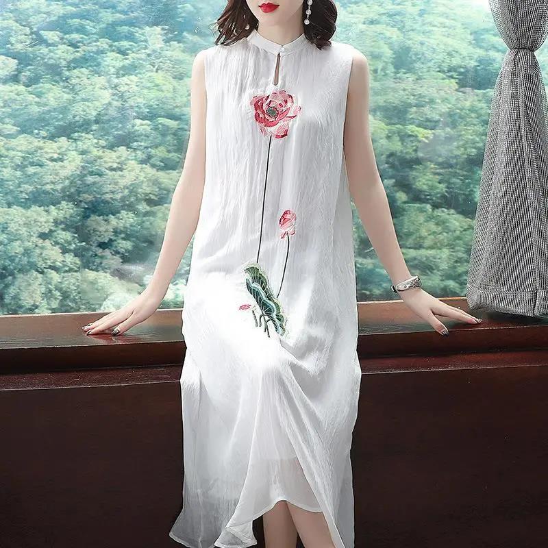 Temperament Embroidery Noble Cheongsam Sleeveless Vest Chiffon Dress 2021 Summer