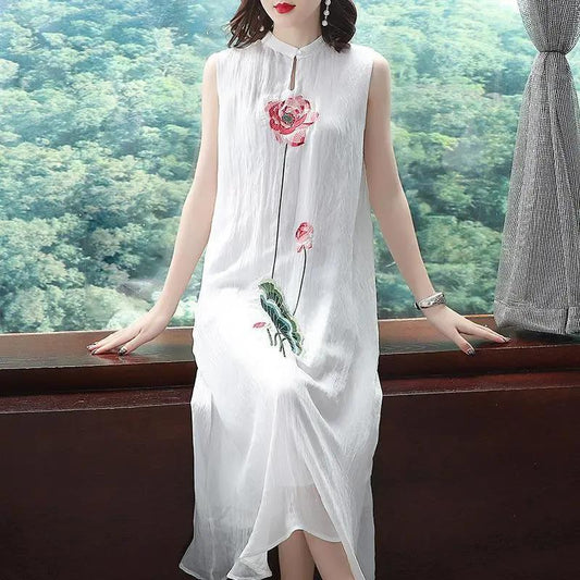 Temperament Embroidery Noble Cheongsam Sleeveless Vest Chiffon Dress 2021 Summer