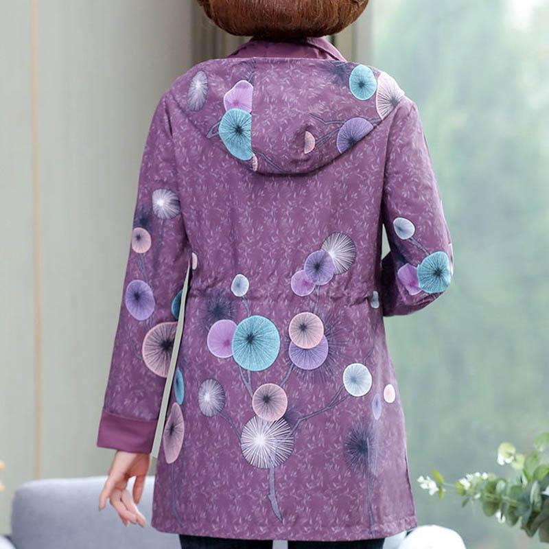 Autumn Mother Wear Jacket Middle-aged and Elderly Fashion Printing Detachable Hooded Mid-length Windbreaker Women