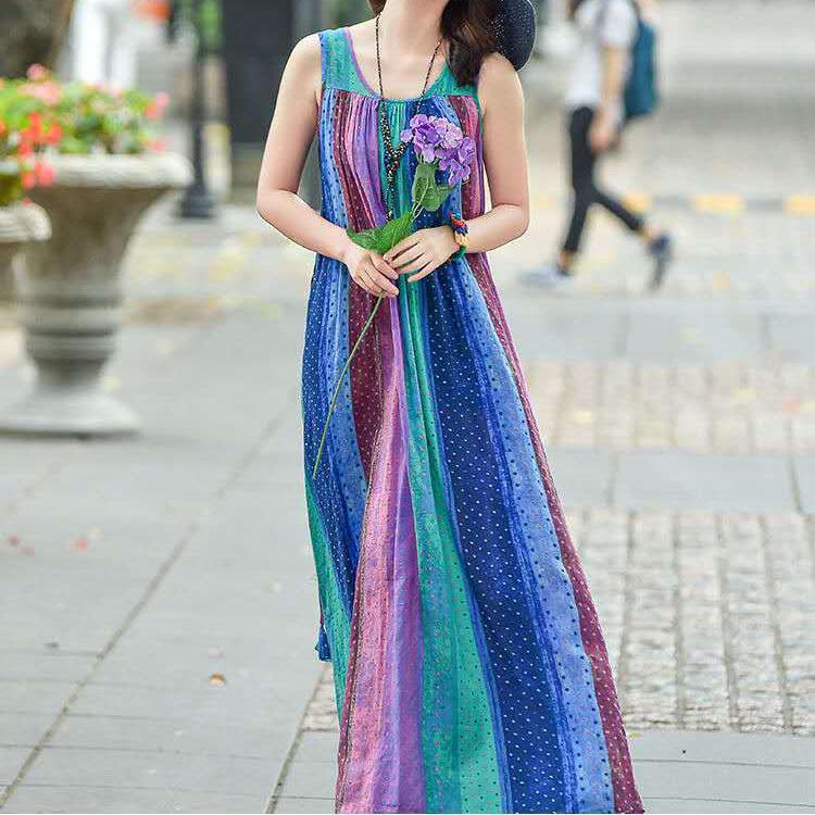 Female Cotton Large Swing Sleeveless Print Dress Elegant Round Neck Big Blue Rainbow Stripe Dress